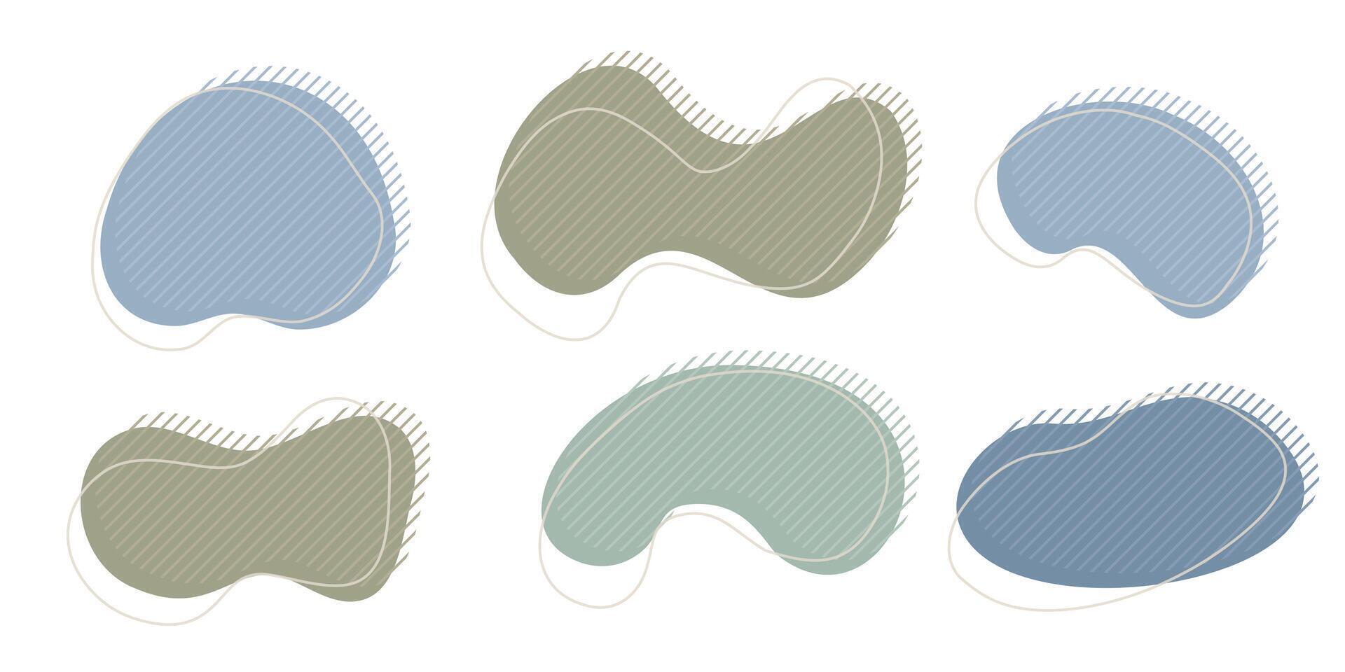 Collection of organic irregular blob shape with decorative stripes and stroke line. Gray blue random deform circle spot. Isolated white background Organic amoeba Doodle elements illustration. vector