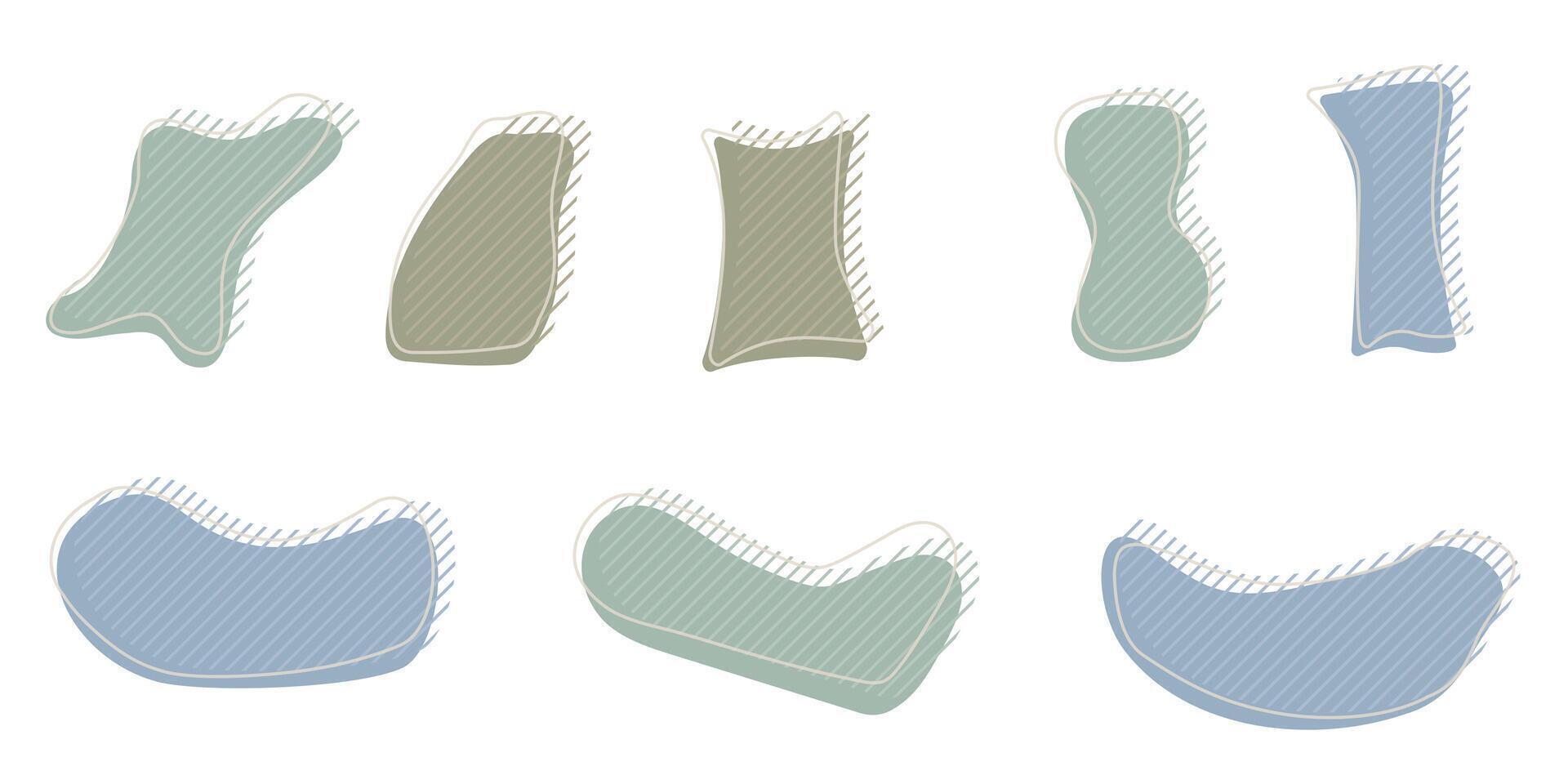 Collection of organic irregular blob shape with decorative stripes and stroke line. Gray blue random deform circle spot. Isolated white background Organic amoeba Doodle elements illustration. vector