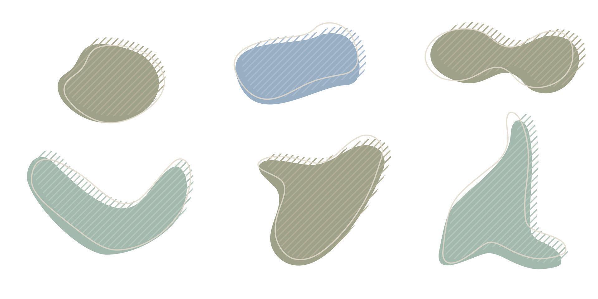 Collection of organic irregular blob shape with decorative stripes and stroke line. Gray blue random deform circle spot. Isolated white background Organic amoeba Doodle elements illustration. vector