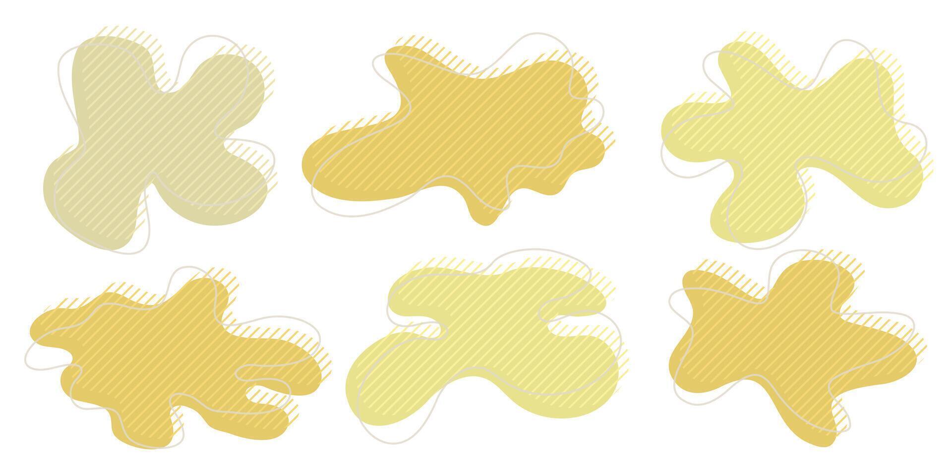 Collection of organic irregular blob shapes with decorative stripes and stroke line. Yellow random deform circle spot. Isolated white background Organic amoeba Doodle elements illustration vector