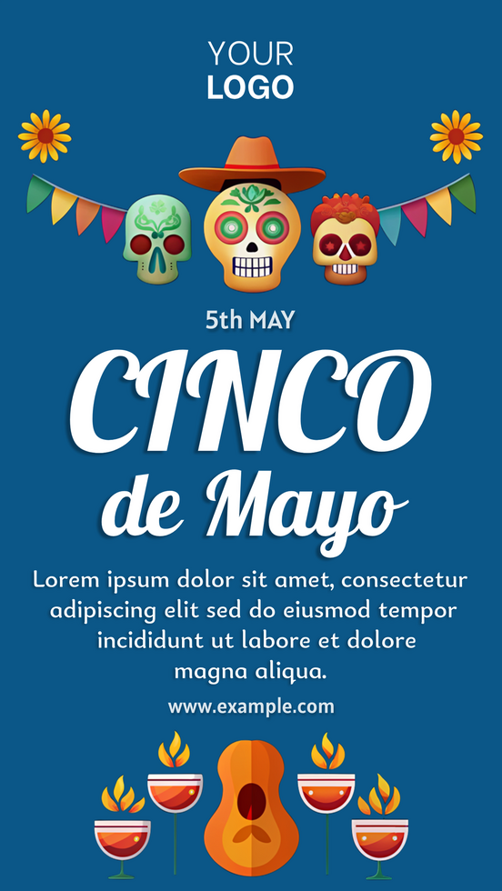 A blue cinco de mayo poster with a skull and a guitar on it psd