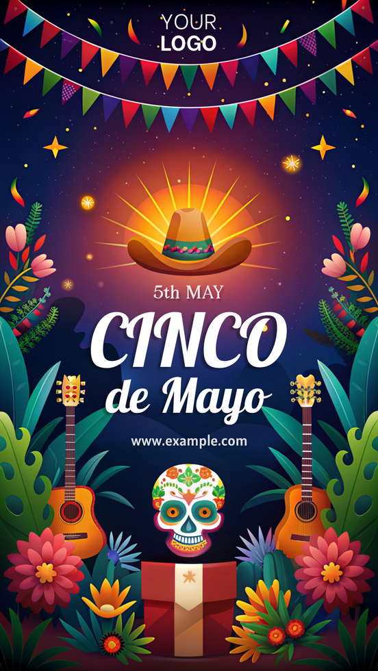 A colorful poster for Cinco de Mayo featuring a skull, a hat, and two guitars psd