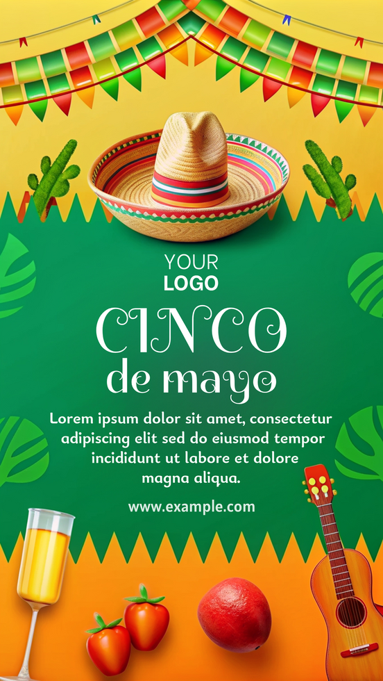 A poster for Cinco de Mayo featuring a hat, a guitar, and a bunch of fruits psd