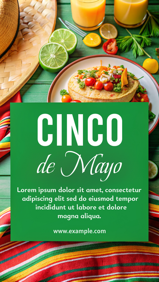 Cinco de mayo poster green table with a plate of food and a hat on it psd