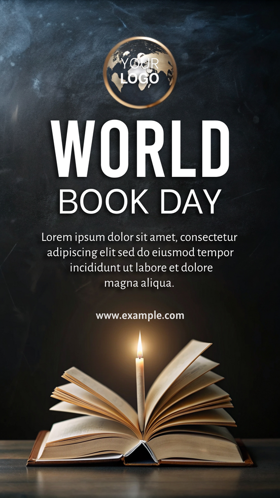 A poster for World Book Day featuring an open book with a candle inside psd