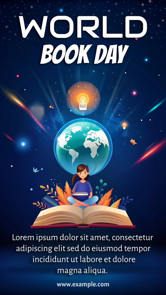 A poster for World Book Day featuring a boy reading a book psd