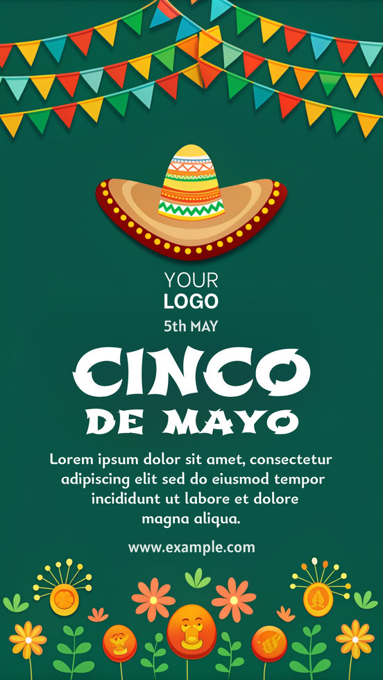 A green poster with a hat on it and the words Cinco de Mayo written in white psd
