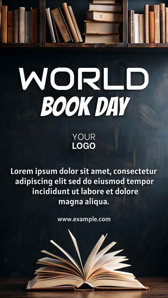 A poster for World Book Day featuring an open book with the words psd