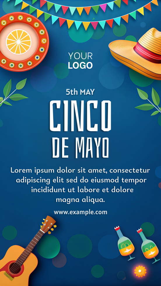 The poster is for Cinco de Mayo with a guitar, a bottle, and a hat on it psd