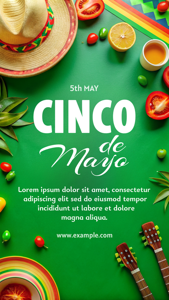 A poster for Cinco de Mayo featuring a green background with a hat, a guitar psd