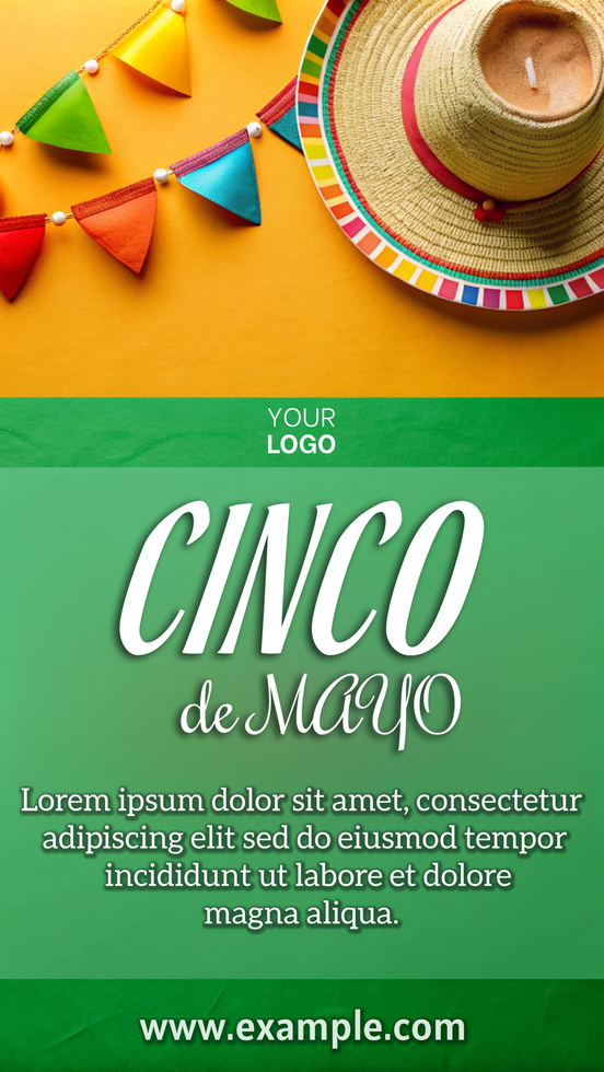 A poster for Cinco de Mayo featuring a hat and colorful banners psd