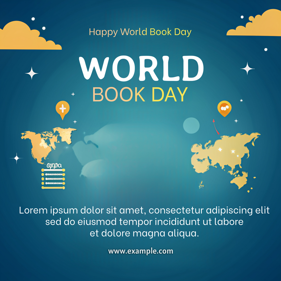 A poster for World Book Day with a blue background and a map of the world psd