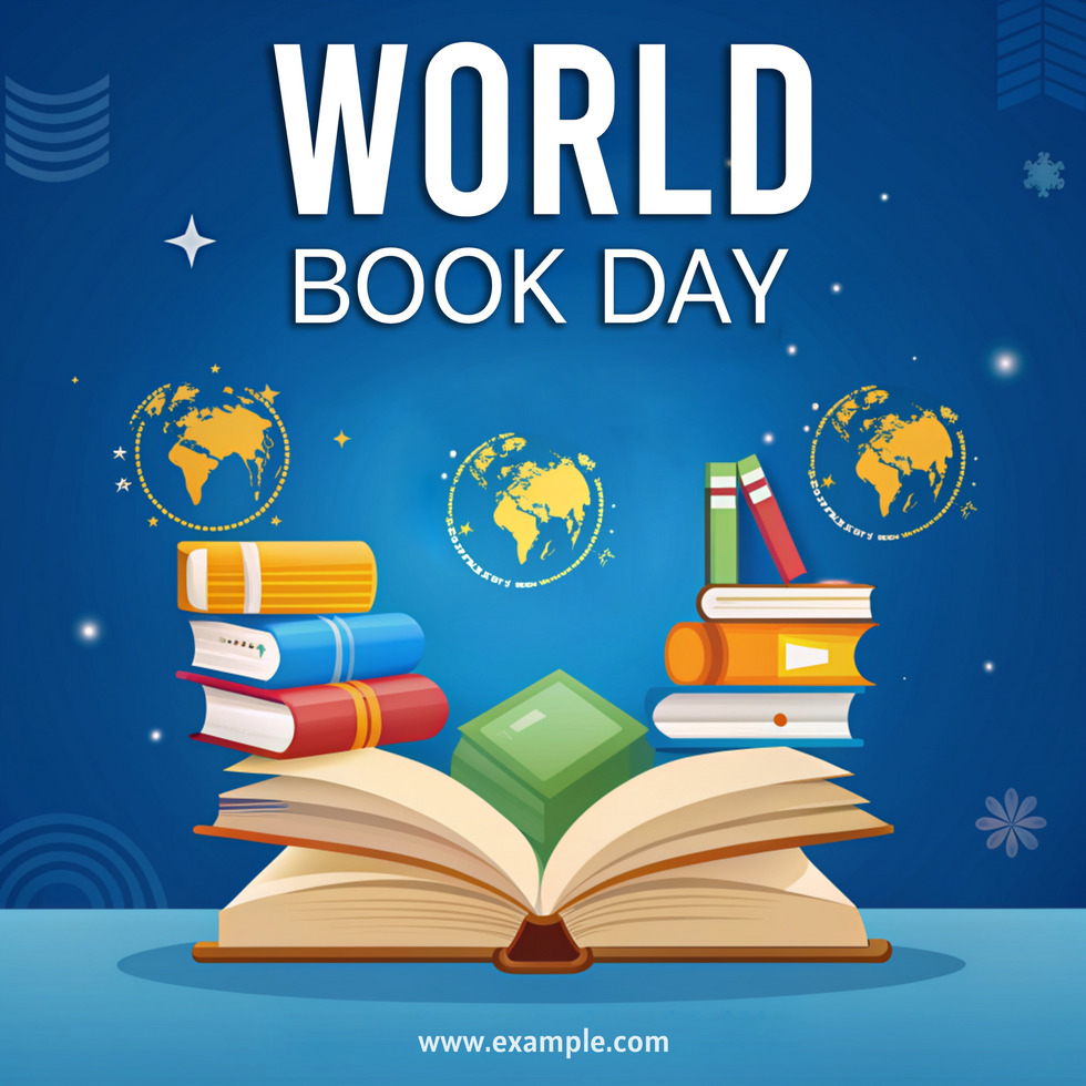 A poster for World Book Day featuring an open book with a stack of books on top psd