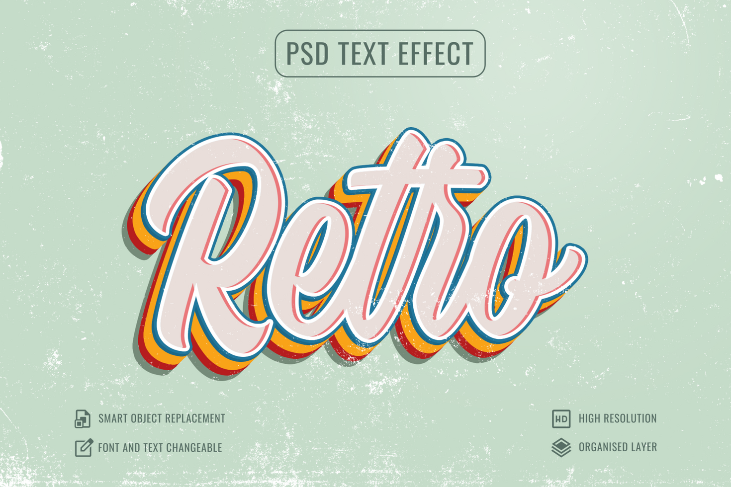 Colorful retro text effect with grungy background psd