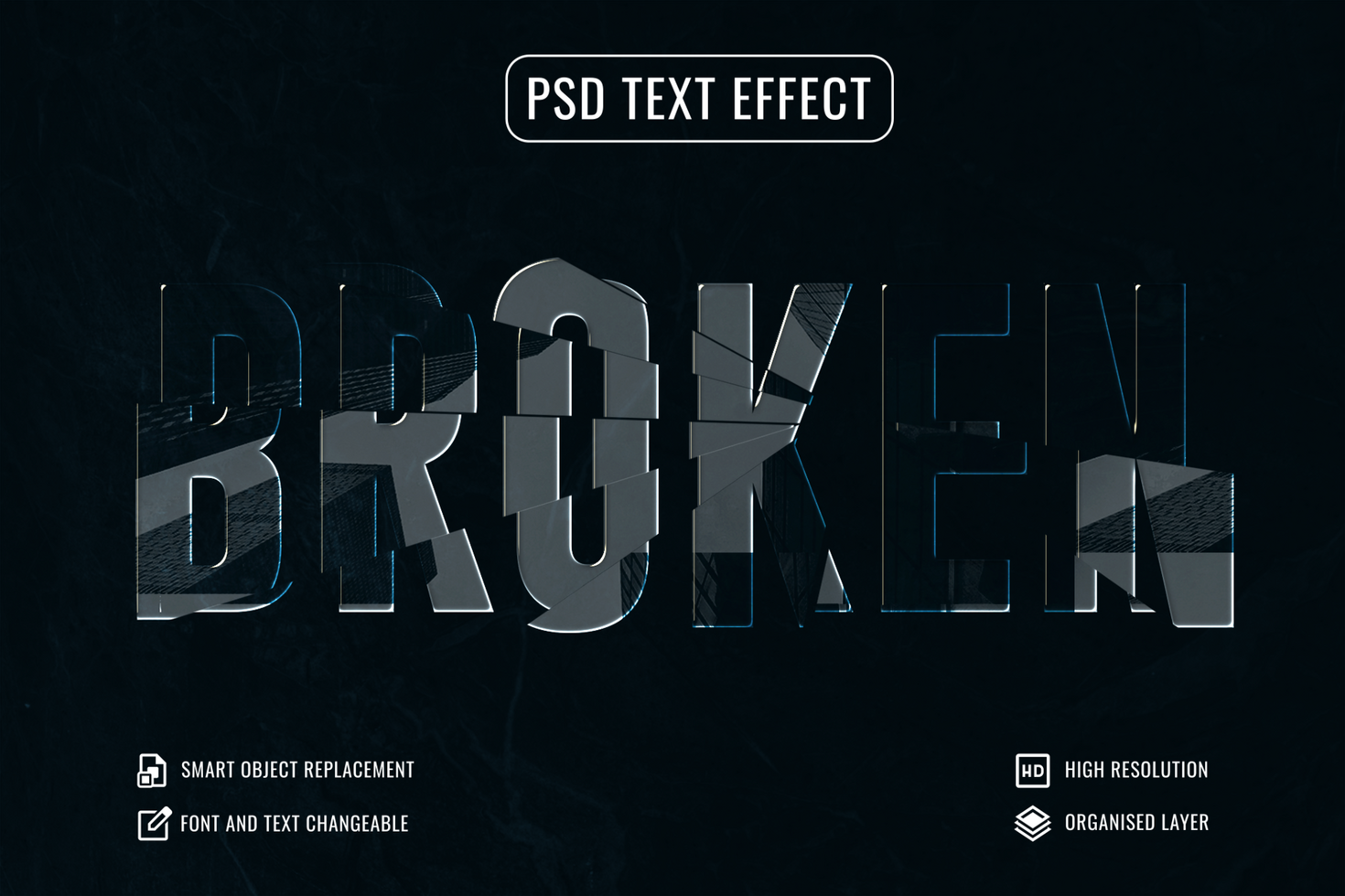 broken text effect with a black background psd