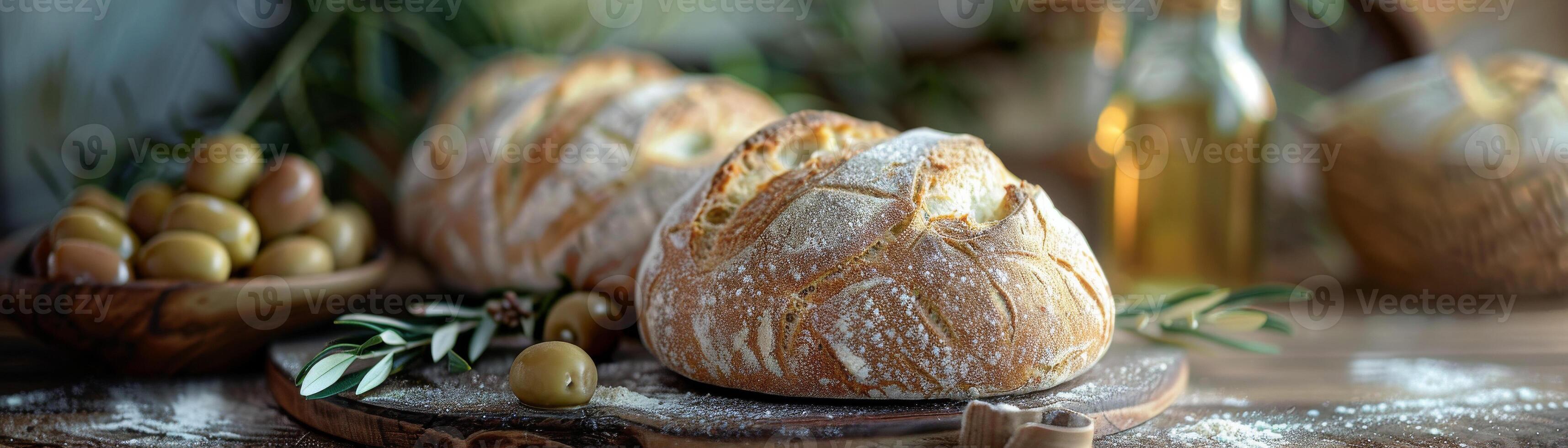 Rustic Bread Rolls and Olive Branch on Table photo