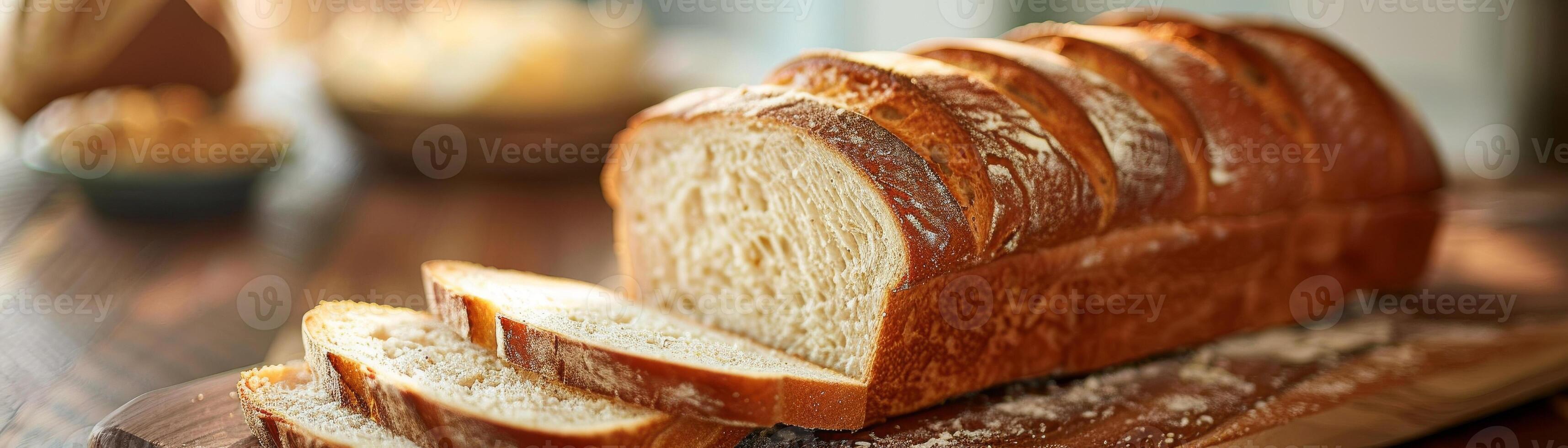 Golden loaf of bread with one end sliced on a rustic wooden table with crumbs scattered around photo