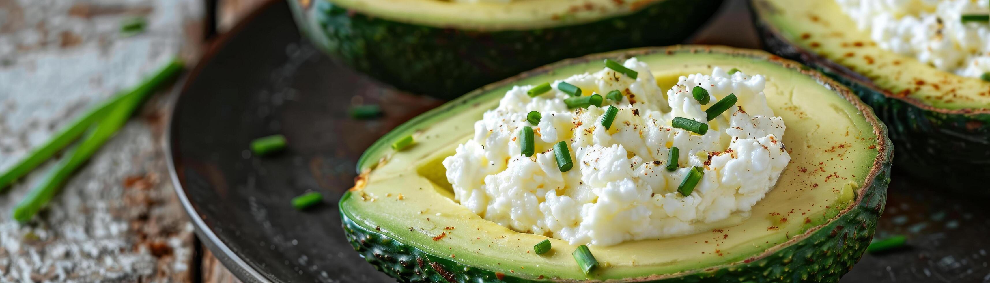 Tres aguacate mitades con un blanco queso relleno y verde cebollas en parte superior foto