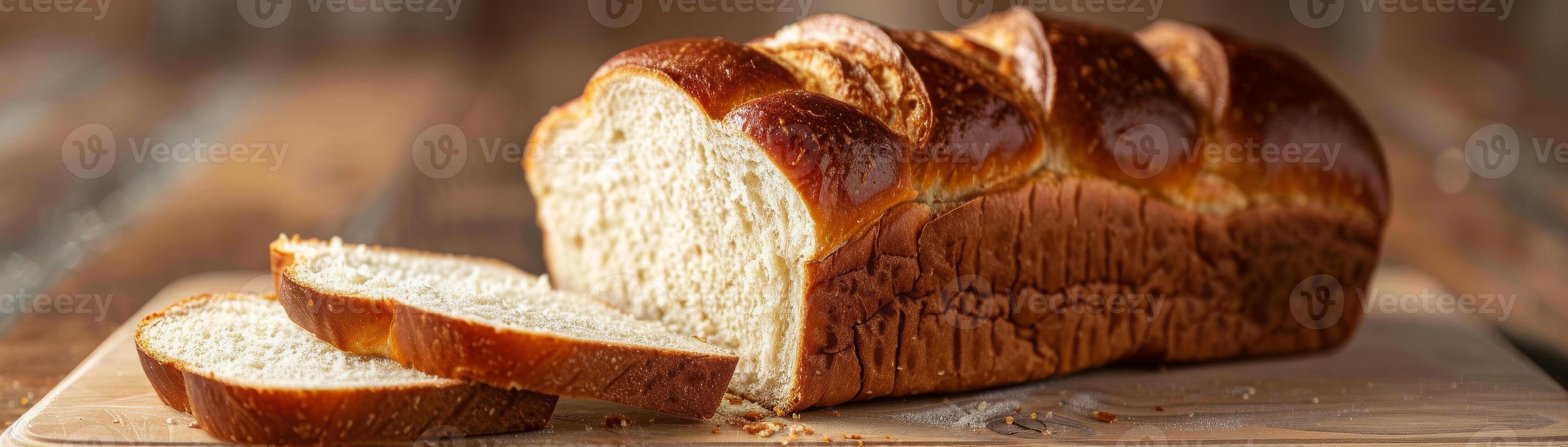 Golden loaf of bread with one end sliced on a rustic wooden table with crumbs scattered around photo