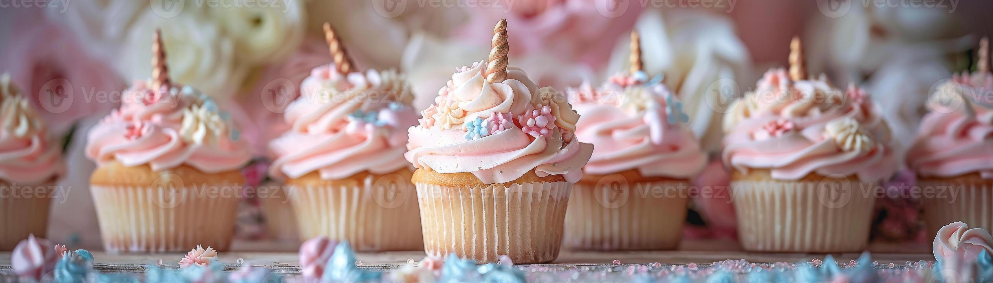 Cupcakes with blue and pink frosting and sprinkles on top. The cupcakes are arranged in a row on a pink background photo