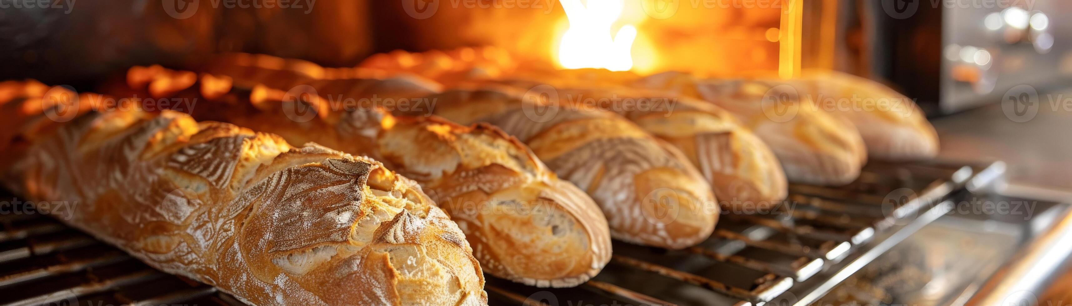 Rustic artisanal bread loaves with a golden crust baking in the oven, with the fiery glow of the flames in the background. photo