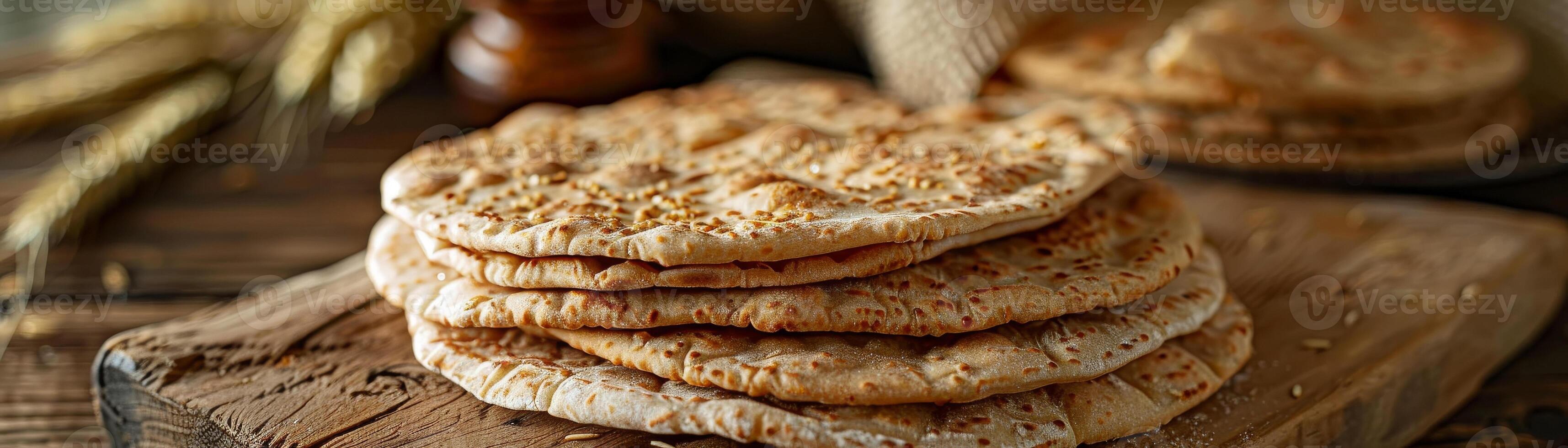 Stack of homemade flatbreads with sesame seeds on a rustic wooden board in a cozy kitchen setting photo