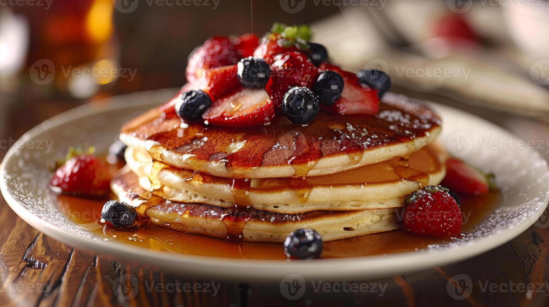 A stack of pancakes with strawberries and blueberries on top photo