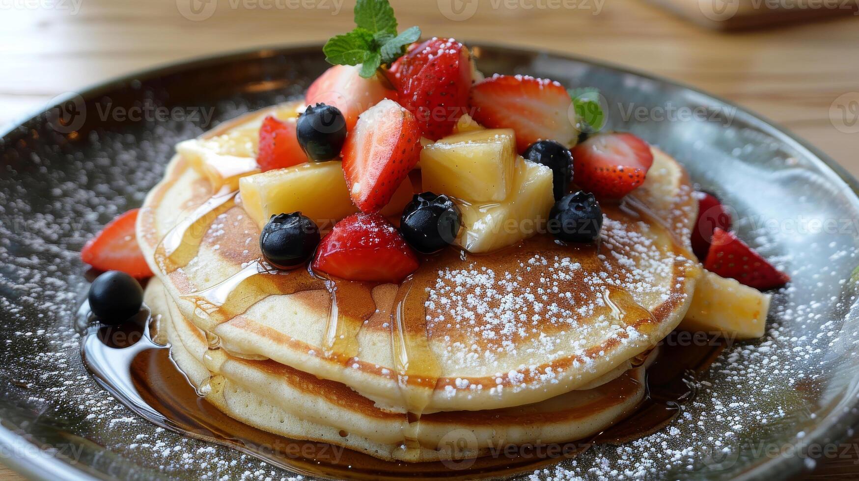 A stack of pancakes with strawberries and blueberries on top photo