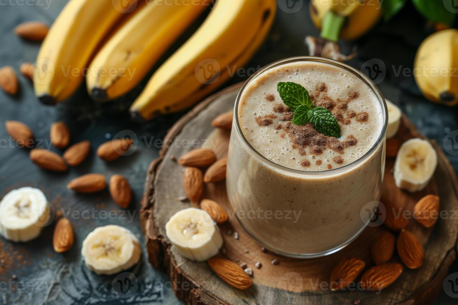 A glass of smoothie with bananas and almonds on a wooden table photo