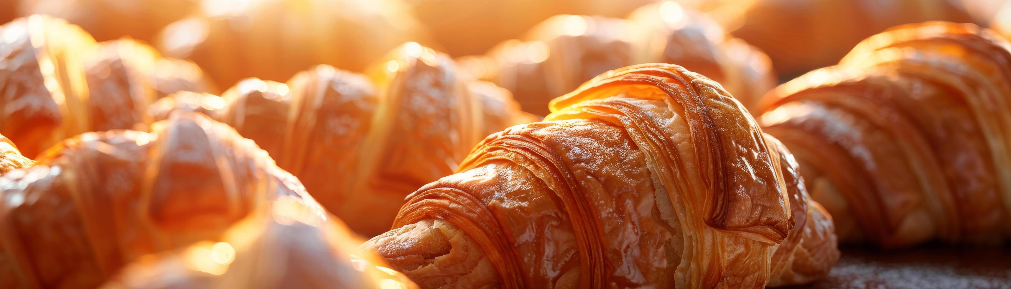 A series of croissants bask in the glow of the sunrise, their crisp, golden layers illuminated and inviting photo