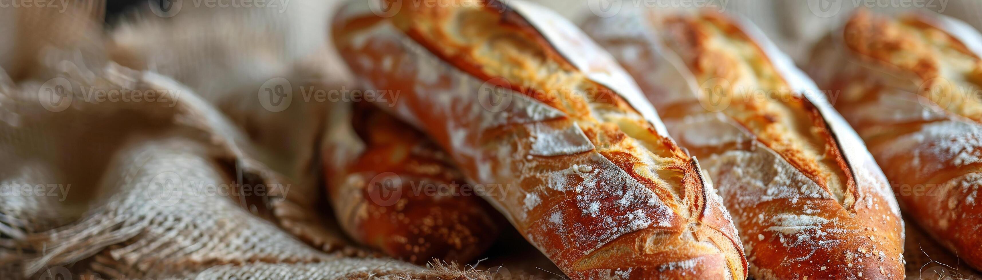 Artisanal baguettes with a beautiful crust, lightly dusted with flour, lie on a rustic linen cloth, embodying the essence of traditional baking photo