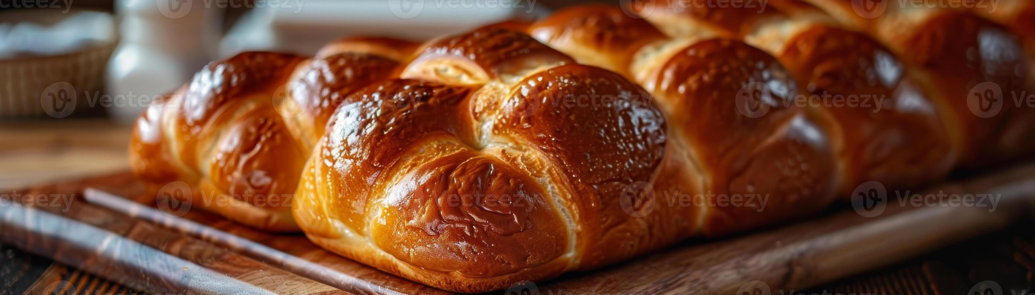 A row of shiny glazed challah bread loaves on a wooden cutting board, highlighted by the kitchen's warm lighting photo