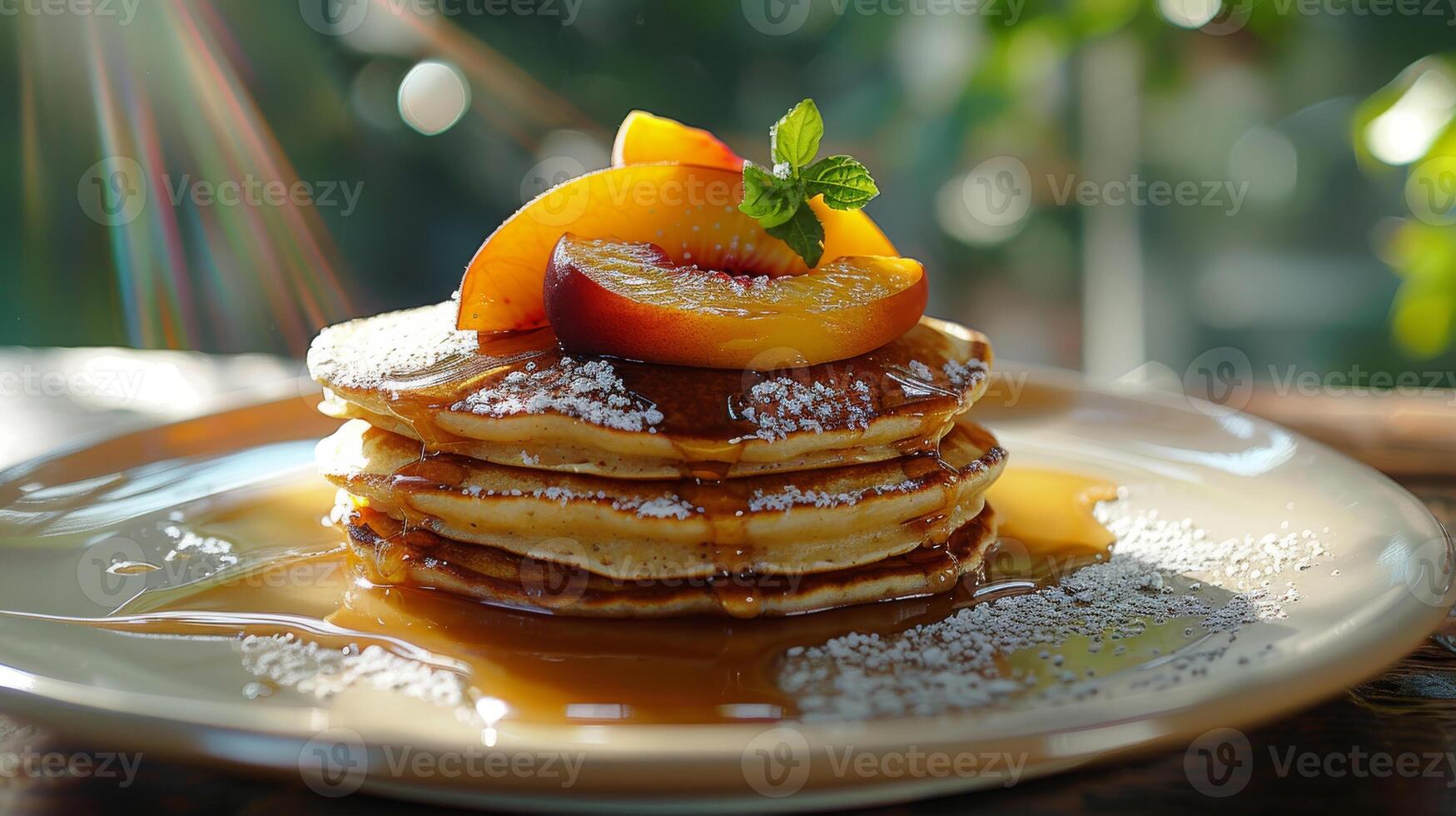 A stack of warm, fluffy pancakes topped with syrup and a fresh peach slice, glistening in sunlight photo