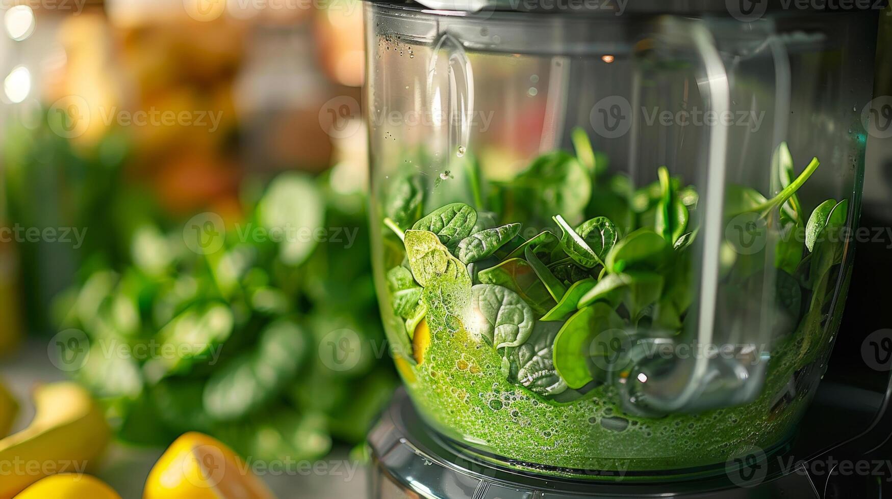 un licuadora lleno de verde Espinacas y limón jugo. el licuadora es en un mostrador siguiente a un manojo de bananas foto