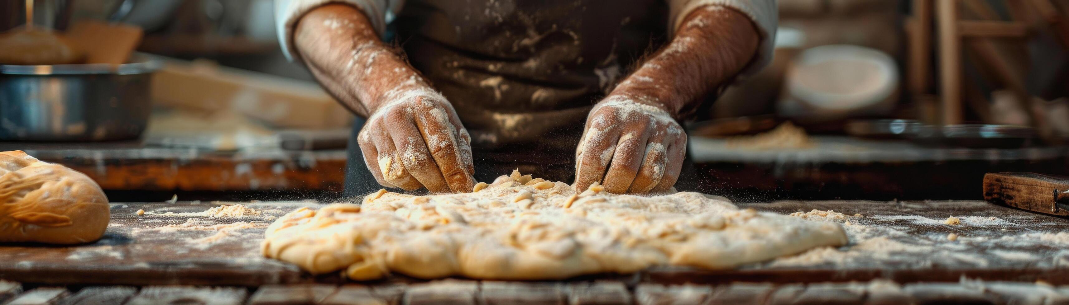 de cerca de un panadería manos trabajando con harina y Fresco un pan masa en un de madera superficie foto