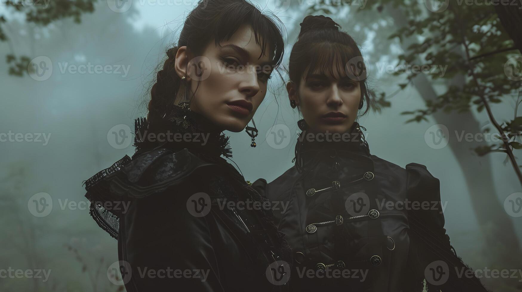 Captivating Gothic Fashion Editorial in Misty Forest Atmosphere photo