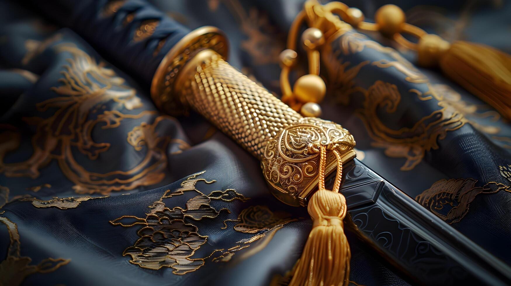 florido ceremonial espada con dorado borla simbolizando honor y tradicion foto