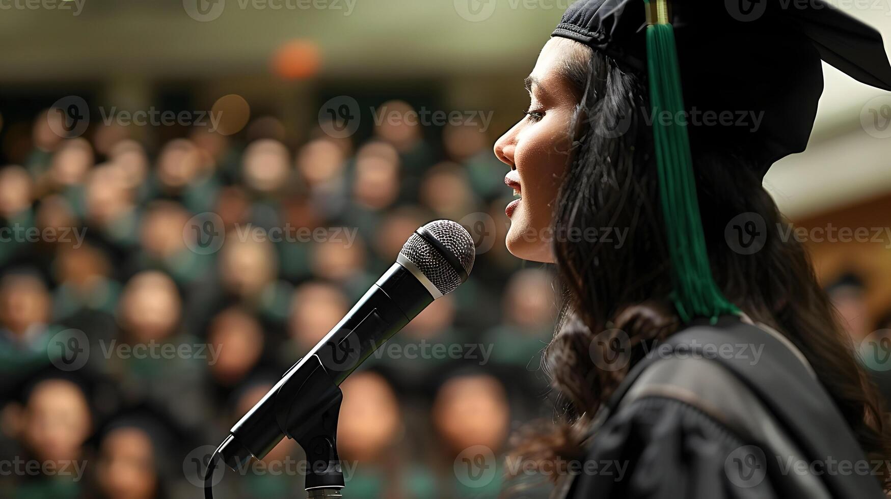 Confident valedictorian speaking into microphone on stage before a large audience during a photo