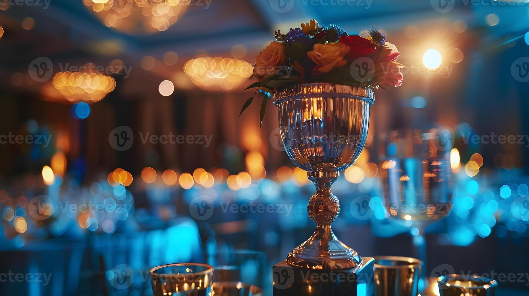 elegante corporativo premio ceremonia celebrando prestigioso logros con reluciente trofeos en foto