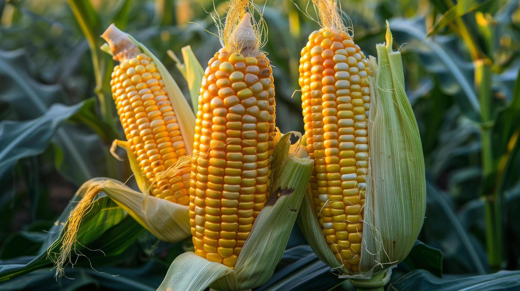 Three corn cobs are standing in a field. The corn is ripe and ready to be harvested photo