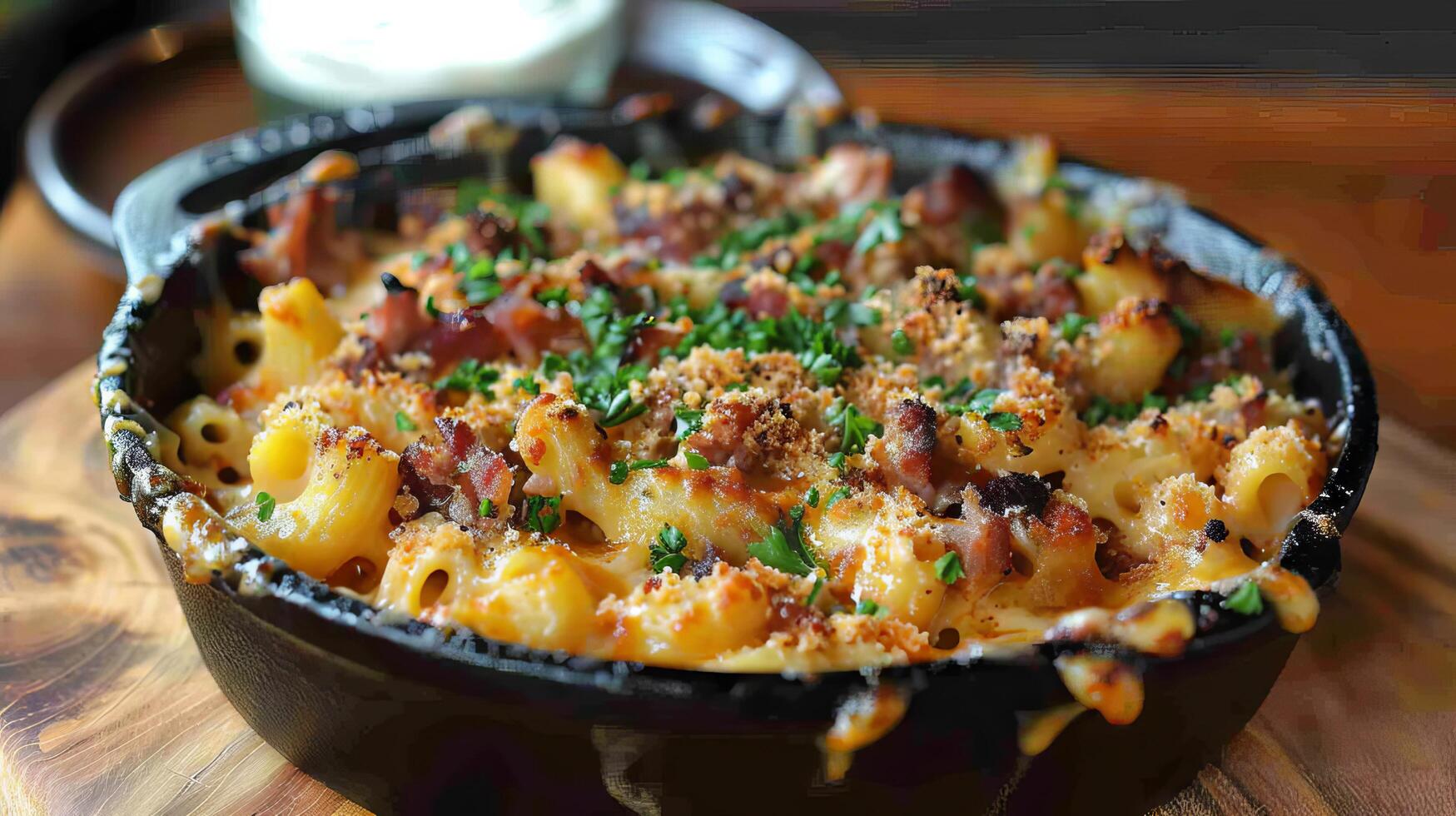 un cuenco de macarrones y queso con tocino y verde cebollas foto