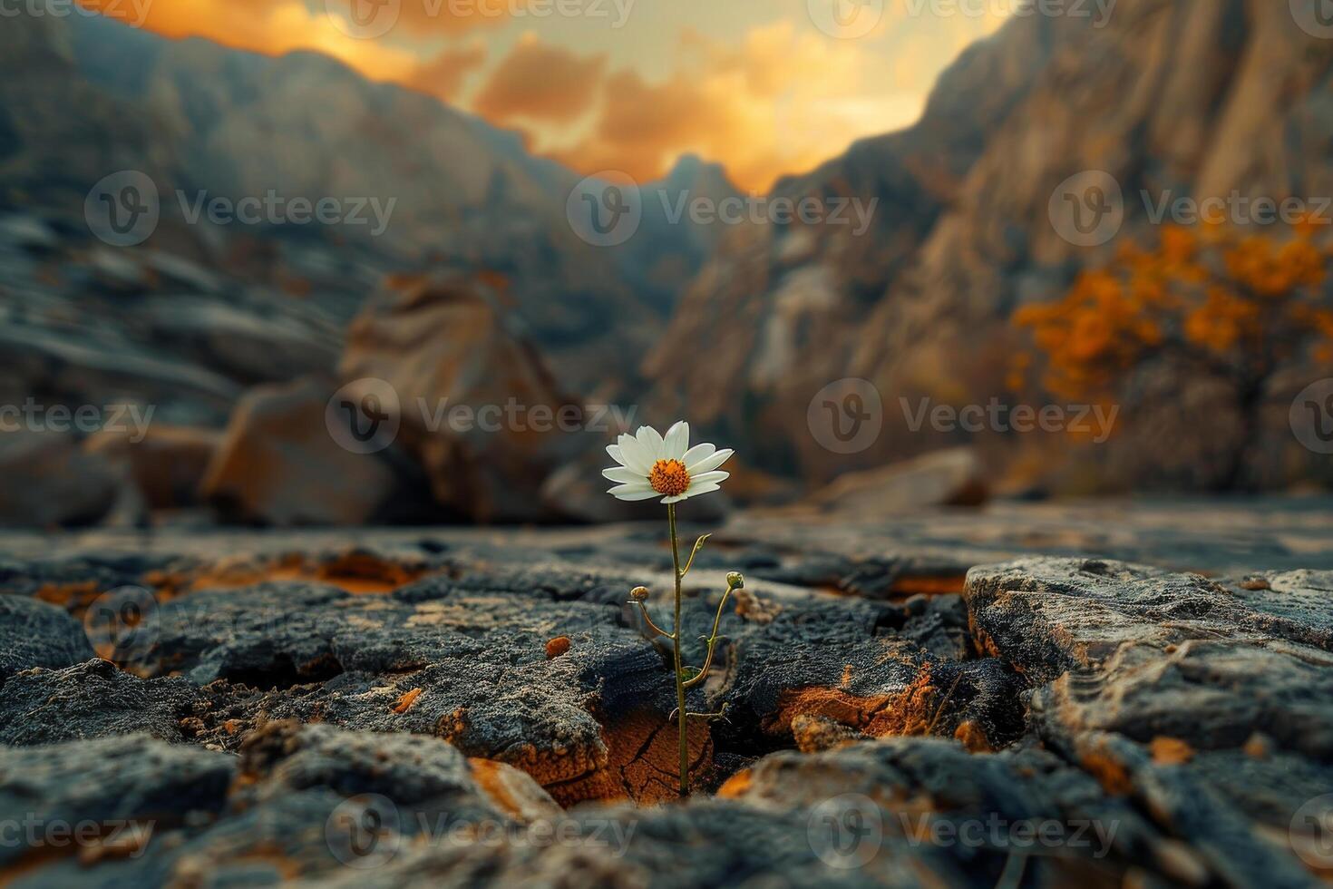 A small yellow flower is growing on a rock in the desert photo