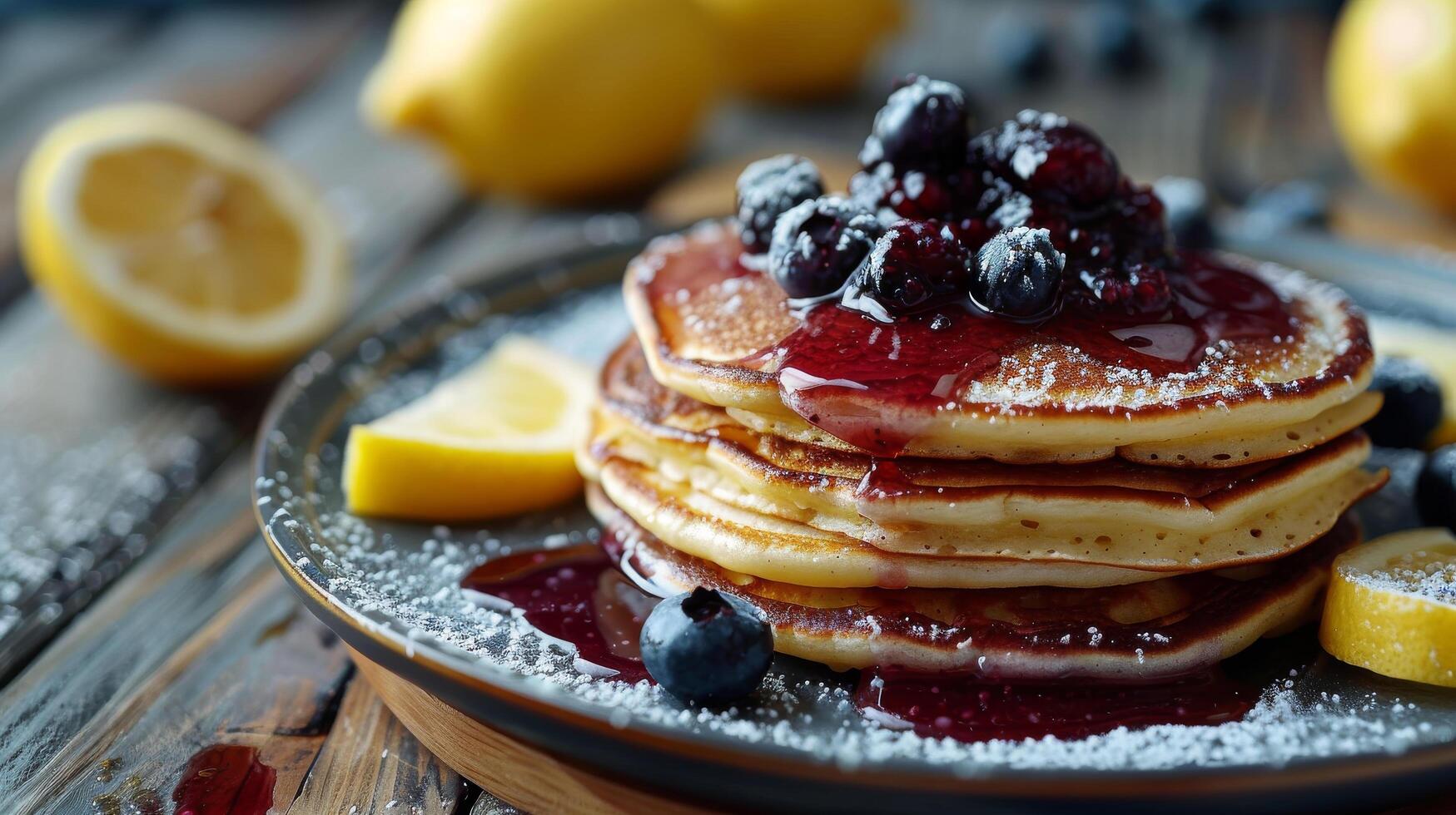 A stack of pancakes with blueberries on top photo