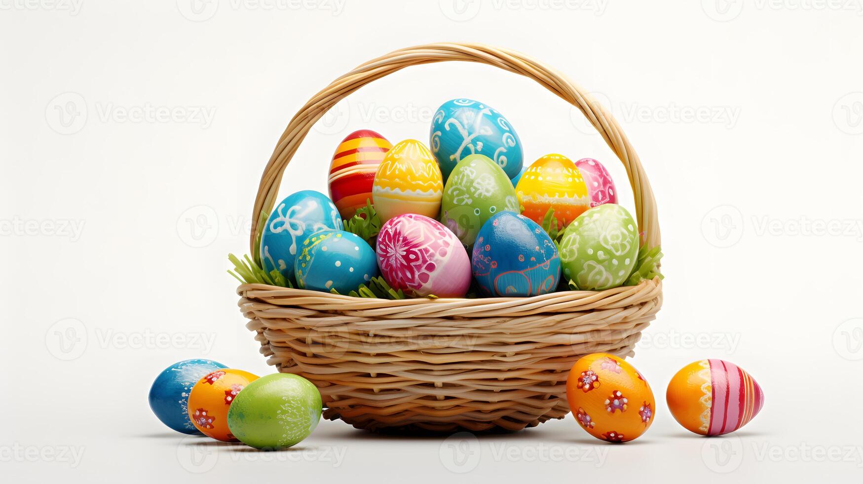 Wicker basket with Easter colored eggs isolated on white background photo