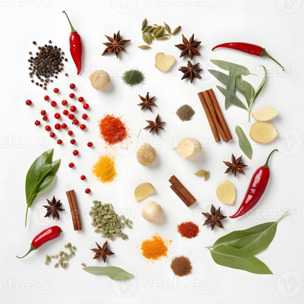 Top view of various spices, seasonings and herbs isolated on white background. photo