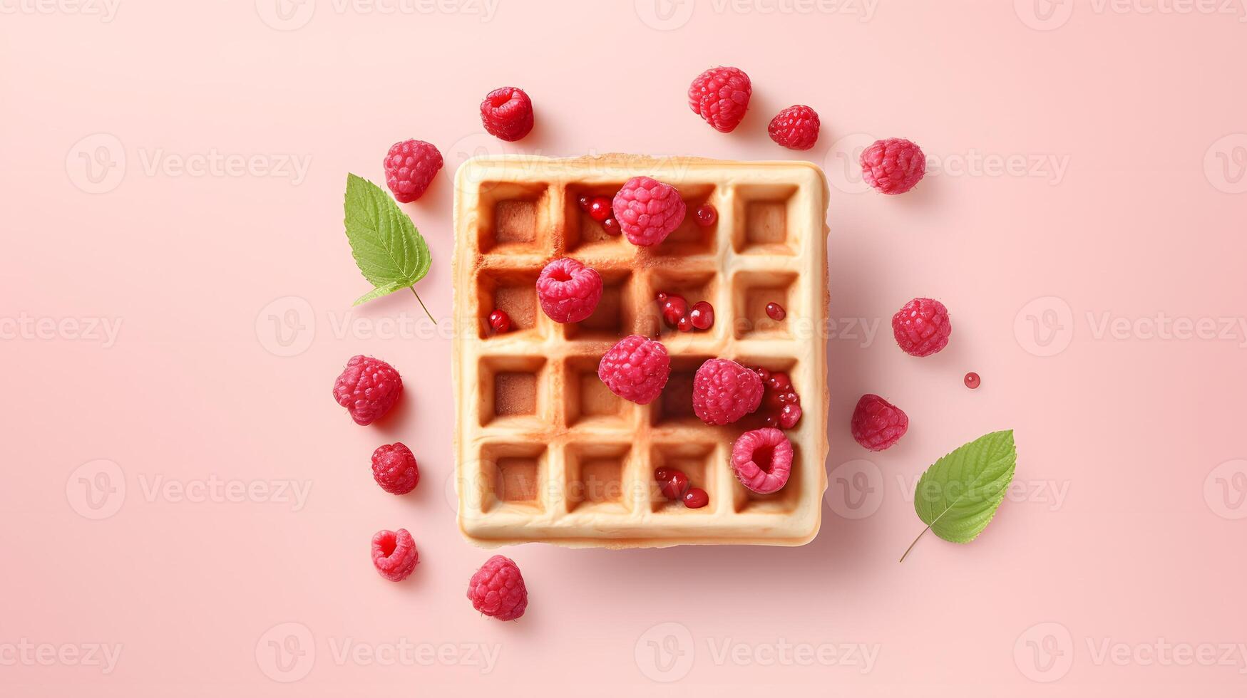 Belgium square waffles with fresh berries on a light pink background, top view photo