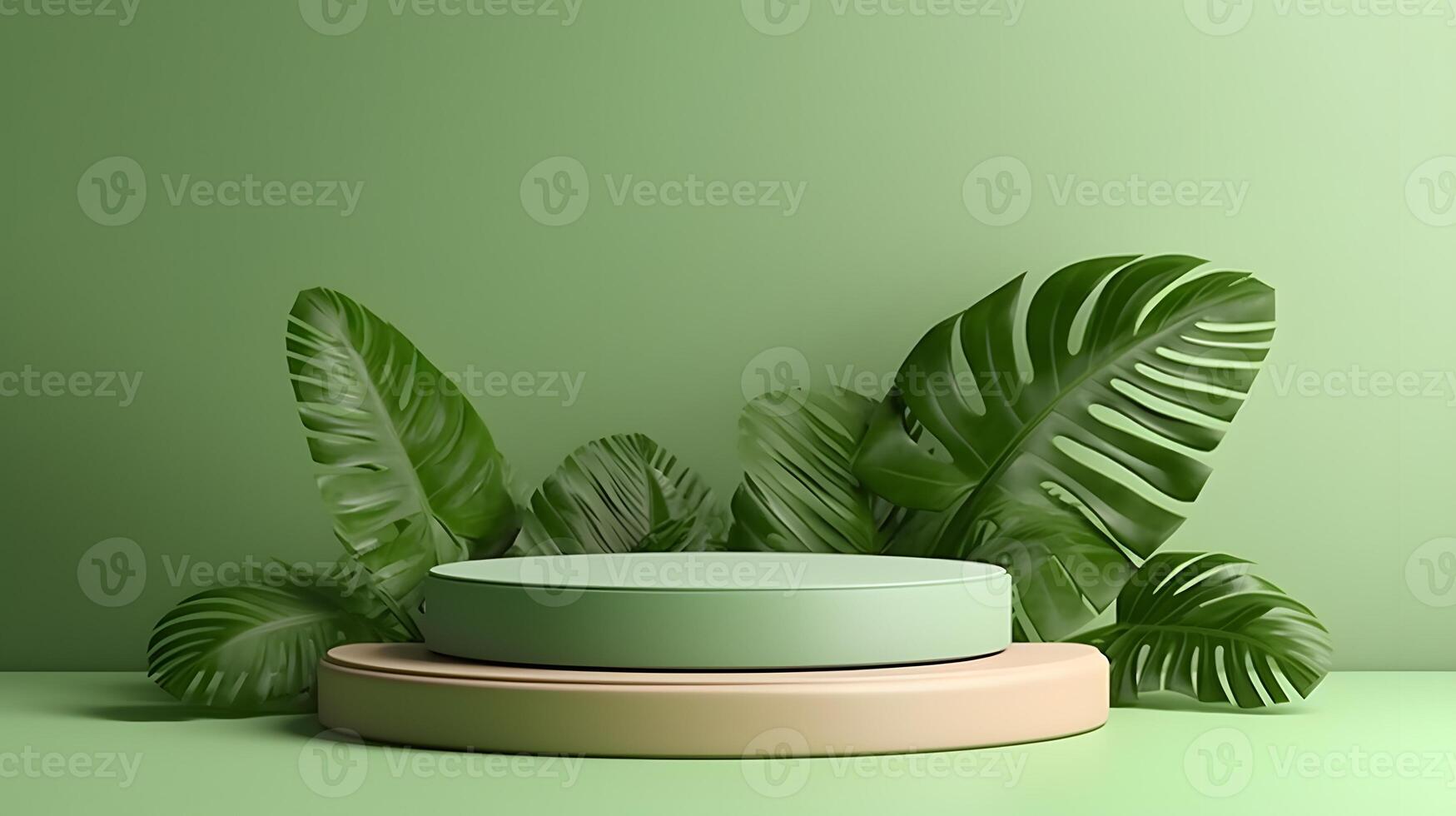 Green Podium display for product presentation on a green background with tropical leaves. Pedestal platform mockup, stand show for cosmetic product photo