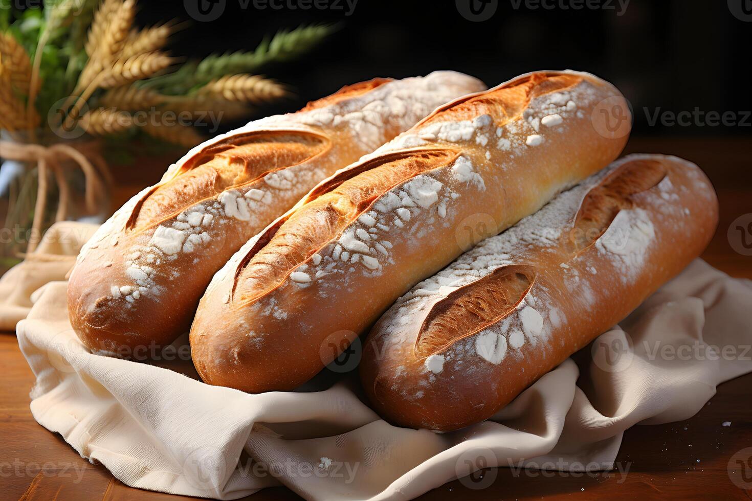 Traditional fresh baguettes on a dark background. French bread on a wooden table photo