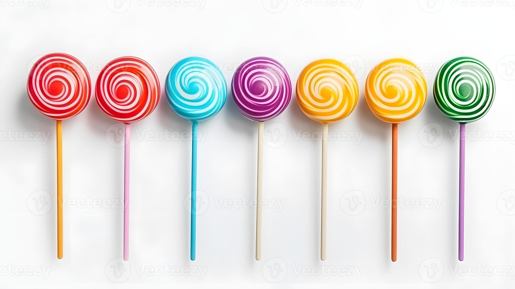 Colorful spiral candy lollipops isolated on white background, top view photo