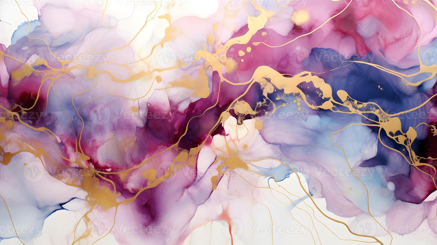 Abstract violet liquid background with glitter golden line and splash. Marble alcohol ink, luxury fluid art painting photo